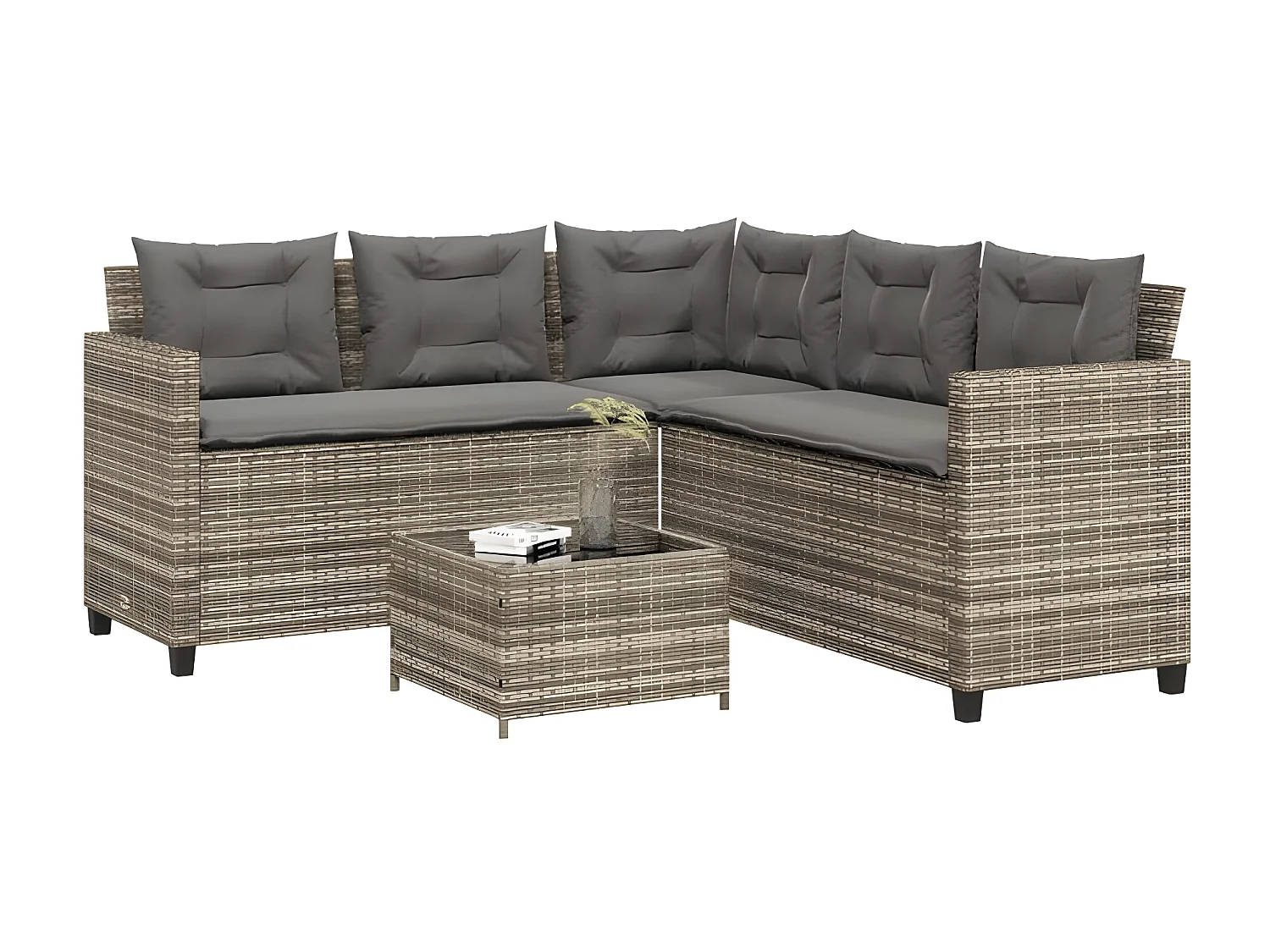 Canapé de jardin avec table et coussins en forme de L gris