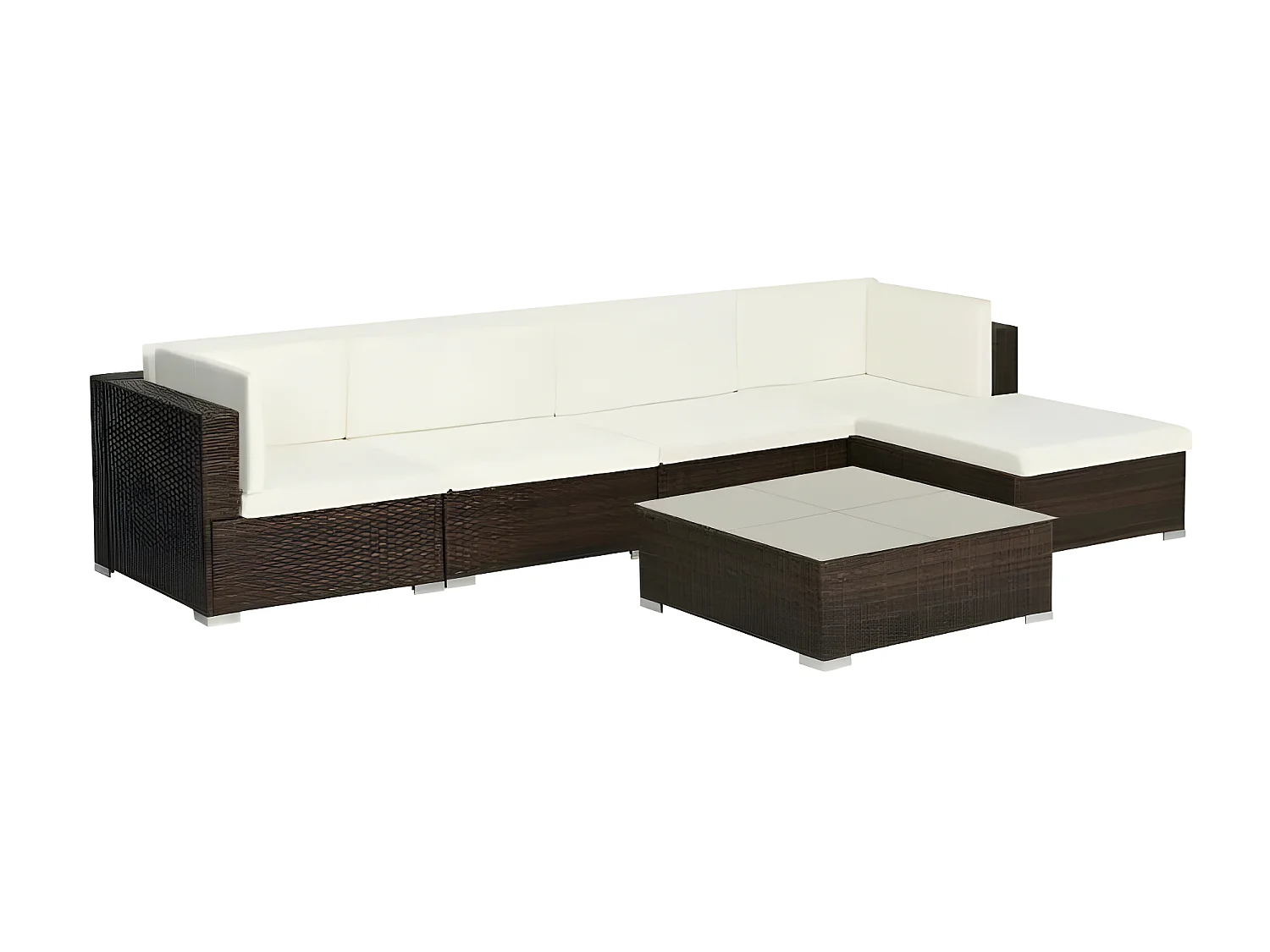 Salon de jardin 6 pièces résine tressée marron et coussins blanc Blanca