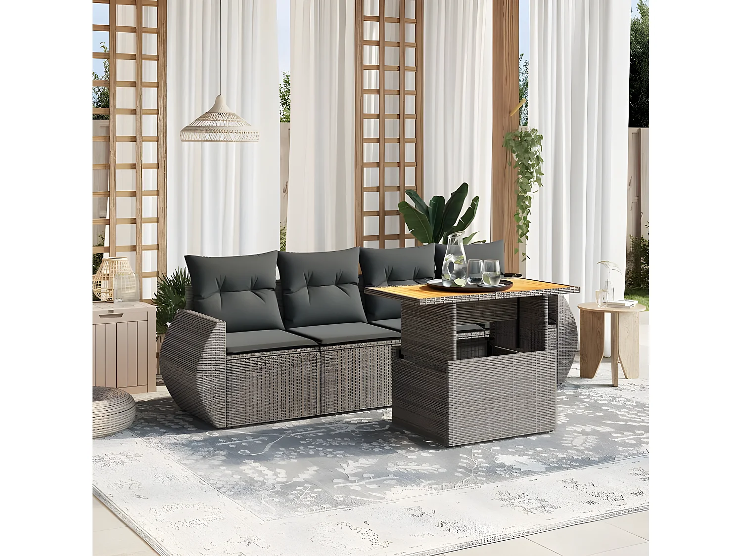 Salon de jardin 5 pcs avec coussins gris résine tressée