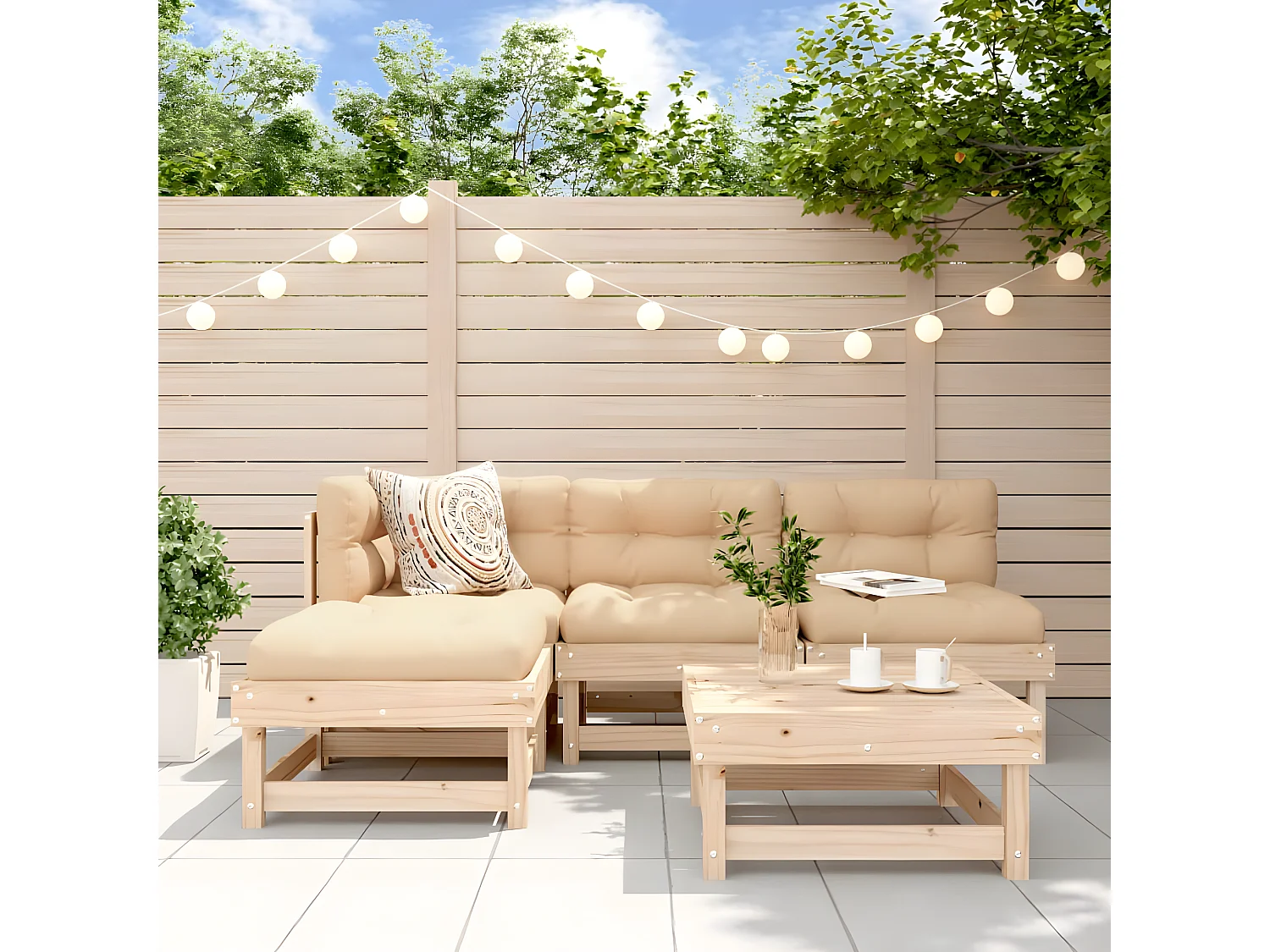 Salon de jardin 5 pcs avec coussins bois massif