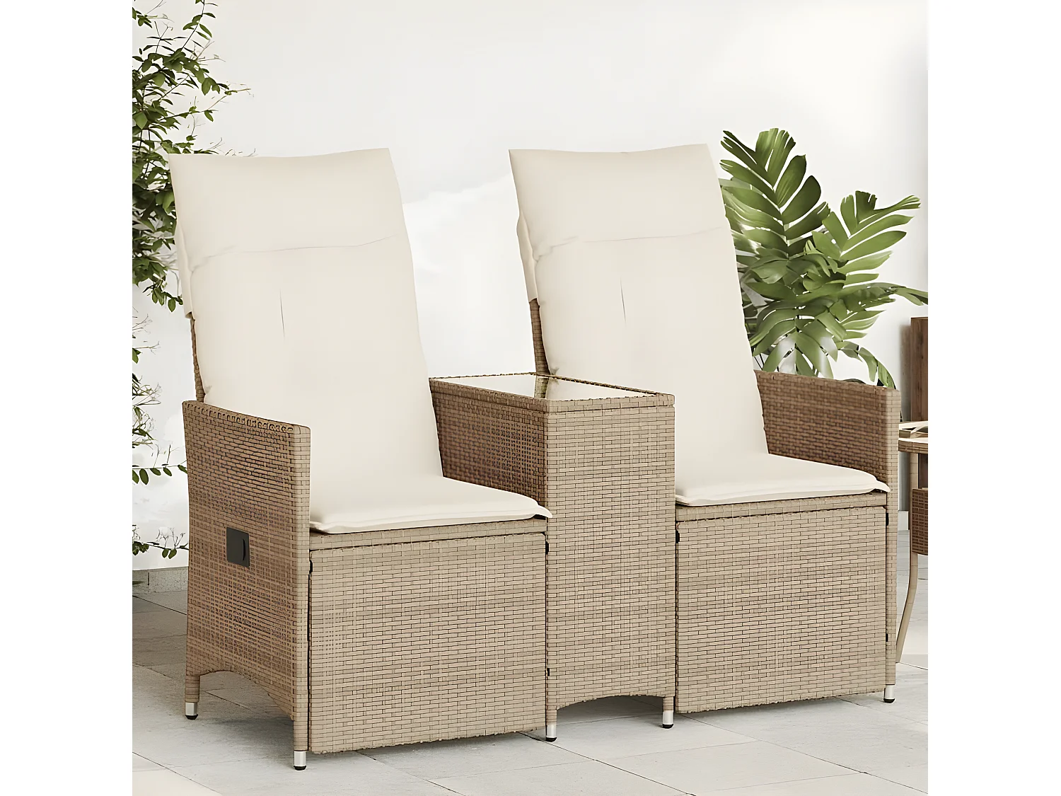 Canapé de jardin inclinable 2 places avec table beige rotin
