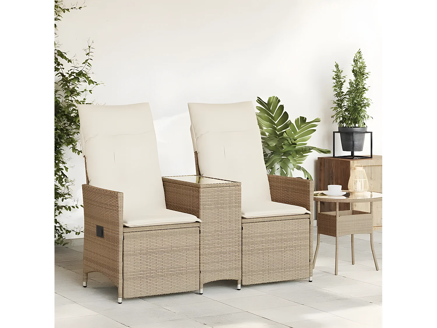 Canapé de jardin inclinable 2 places avec table beige rotin