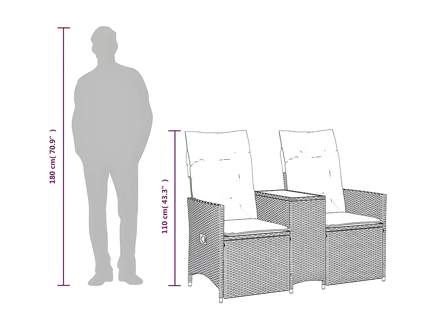Canapé de jardin inclinable 2 places avec table beige rotin