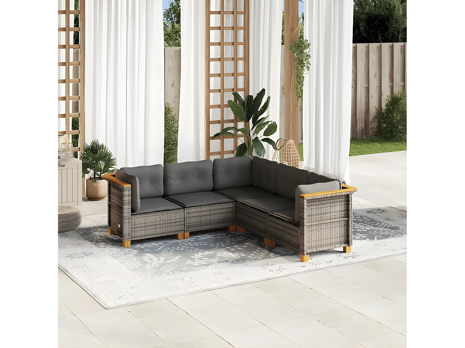 Salon de jardin 5 pcs avec coussins gris résine tressée