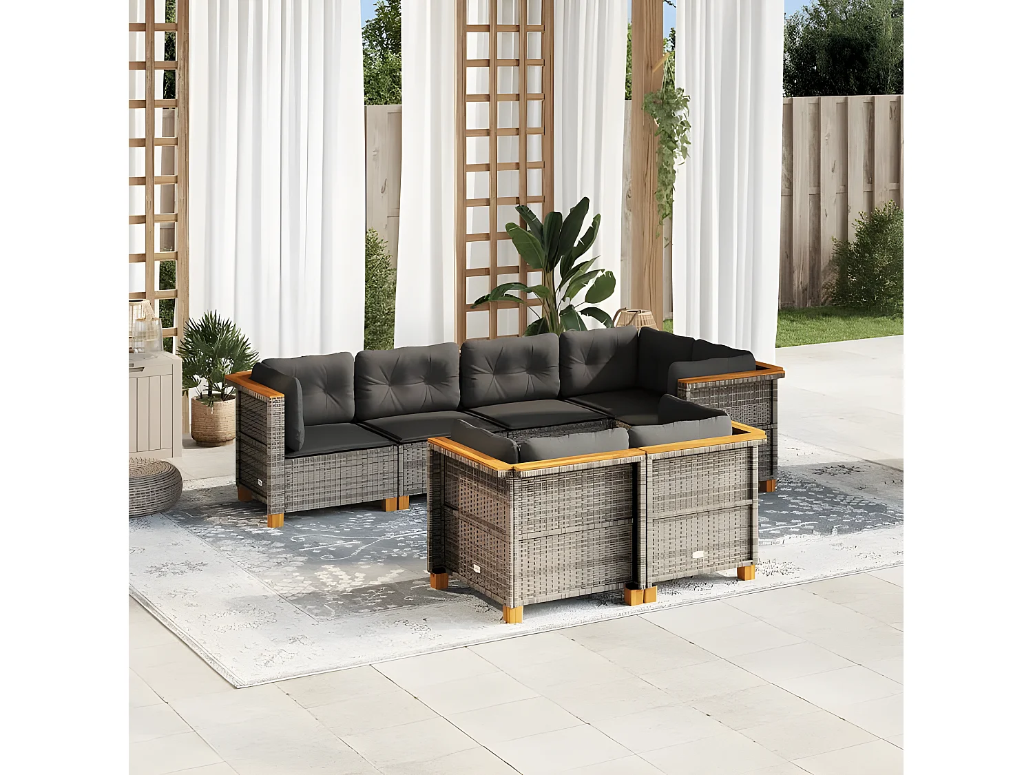 Salon de jardin avec coussins 7 pcs gris résine tressée