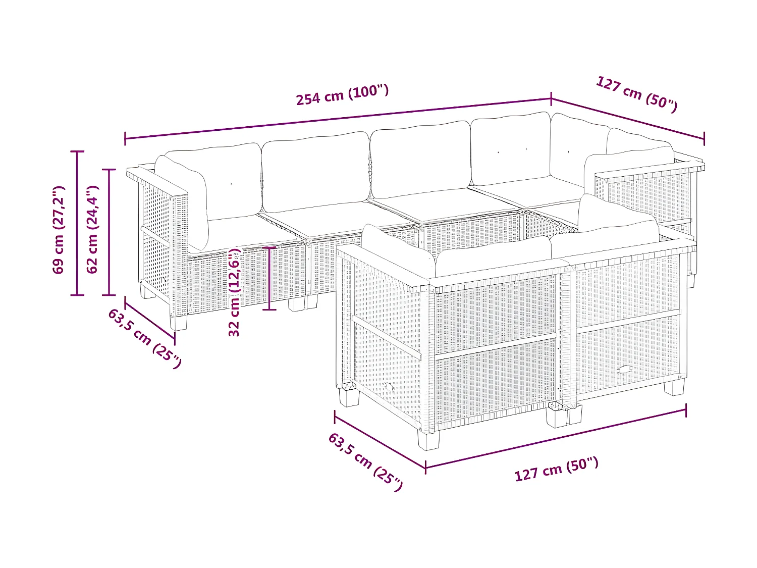 Salon de jardin avec coussins 7 pcs gris résine tressée