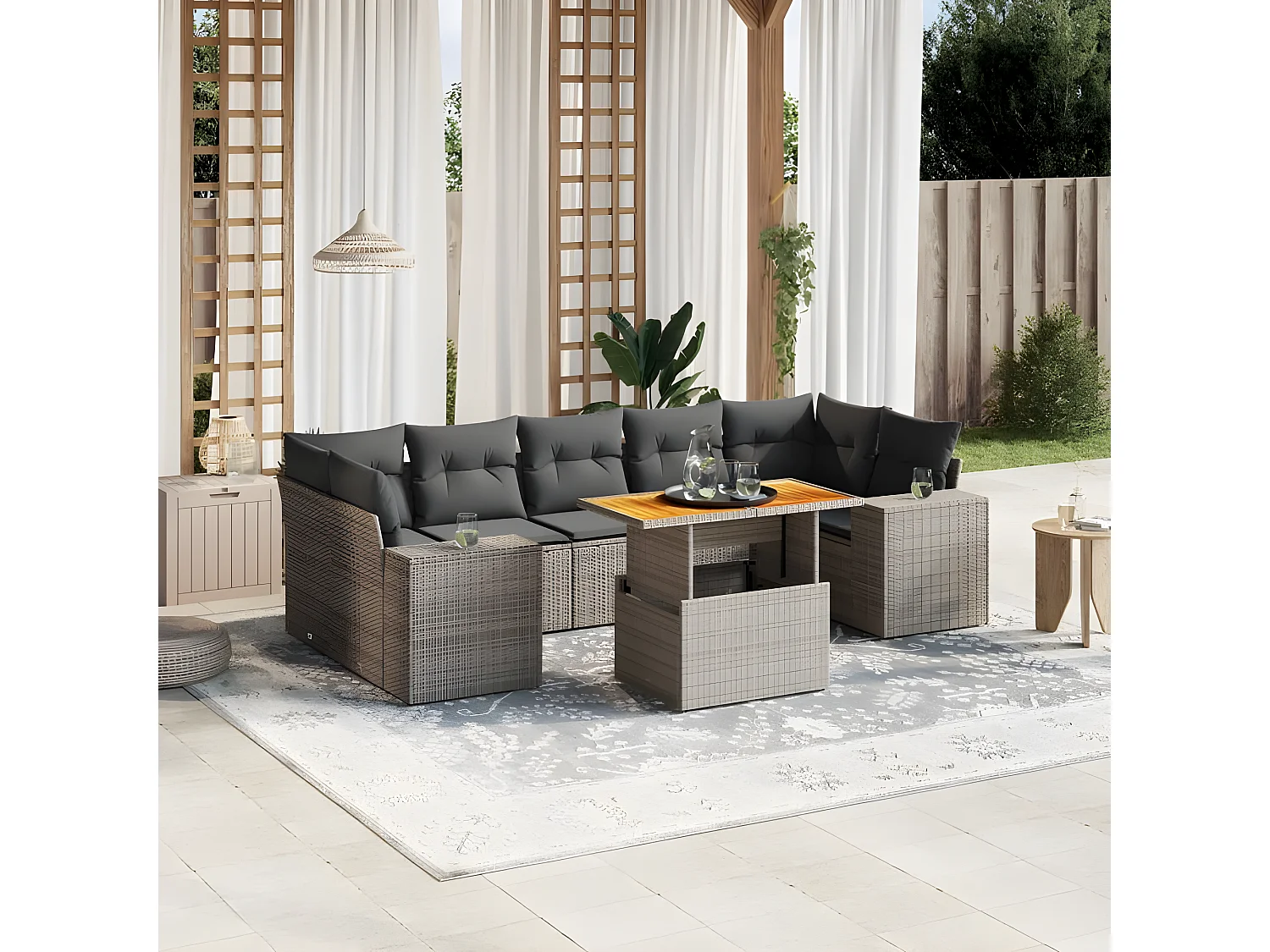Salon de jardin 8 pcs avec coussins gris résine tressée