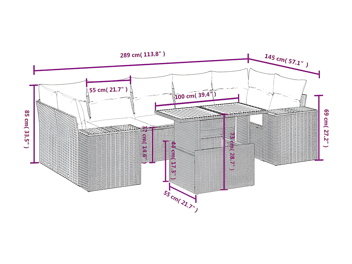 Salon de jardin 8 pcs avec coussins gris résine tressée