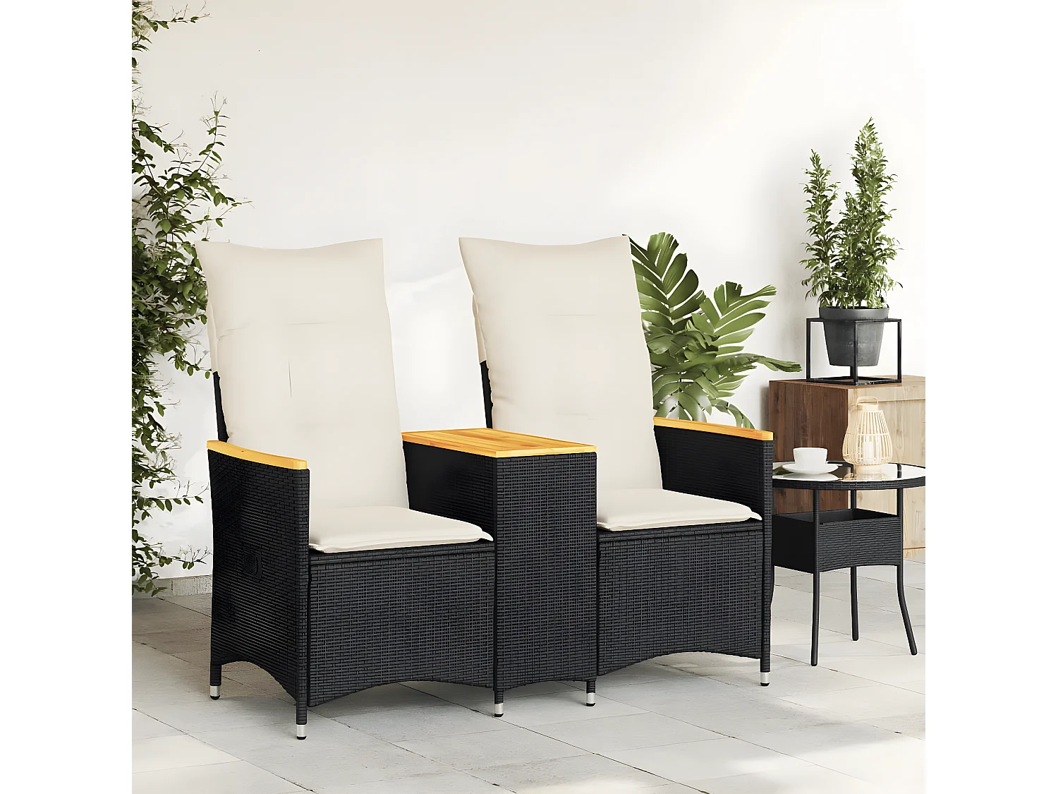 Canapé de jardin inclinable 2 places avec table noir poly rotin