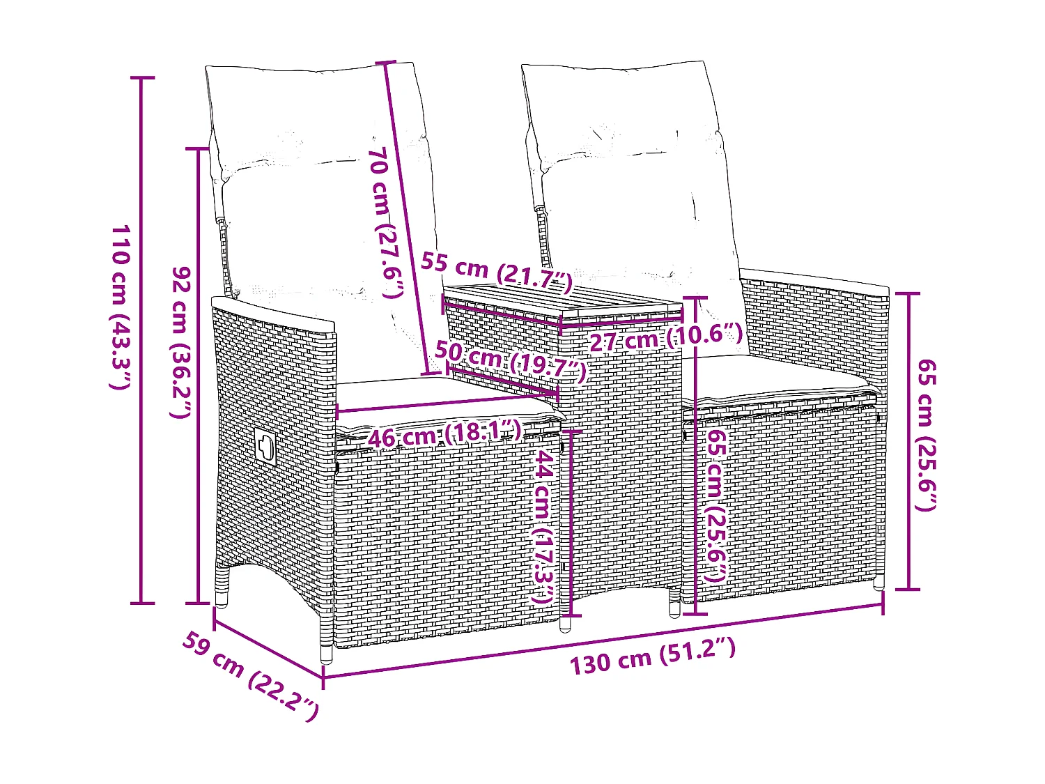Canapé de jardin inclinable 2 places avec table noir poly rotin