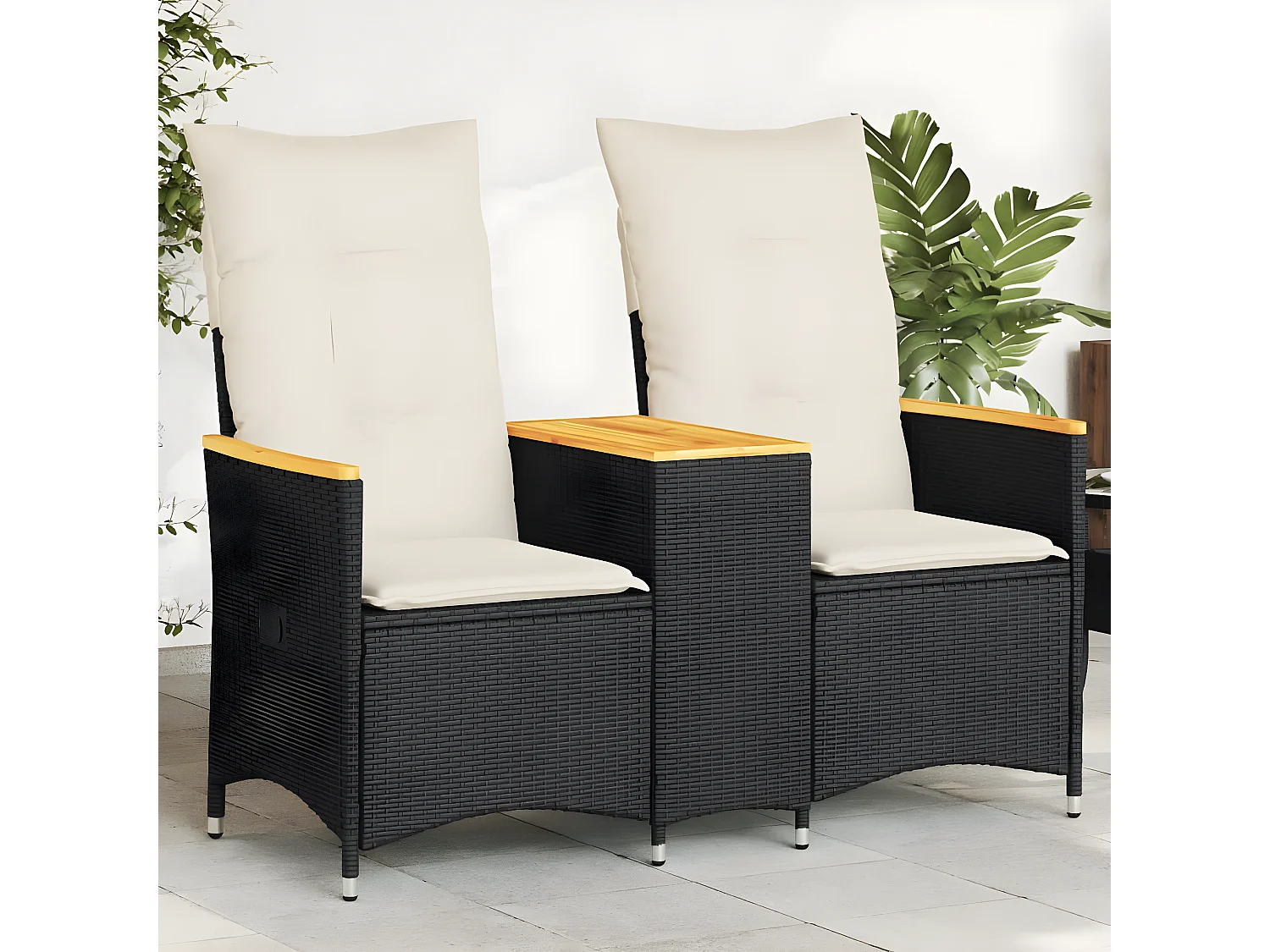Canapé de jardin inclinable 2 places avec table noir poly rotin