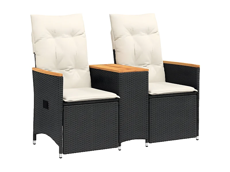 Canapé de jardin inclinable 2 places avec table noir poly rotin