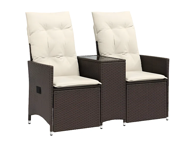 Canapé de jardin inclinable 2 places avec table marron rotin