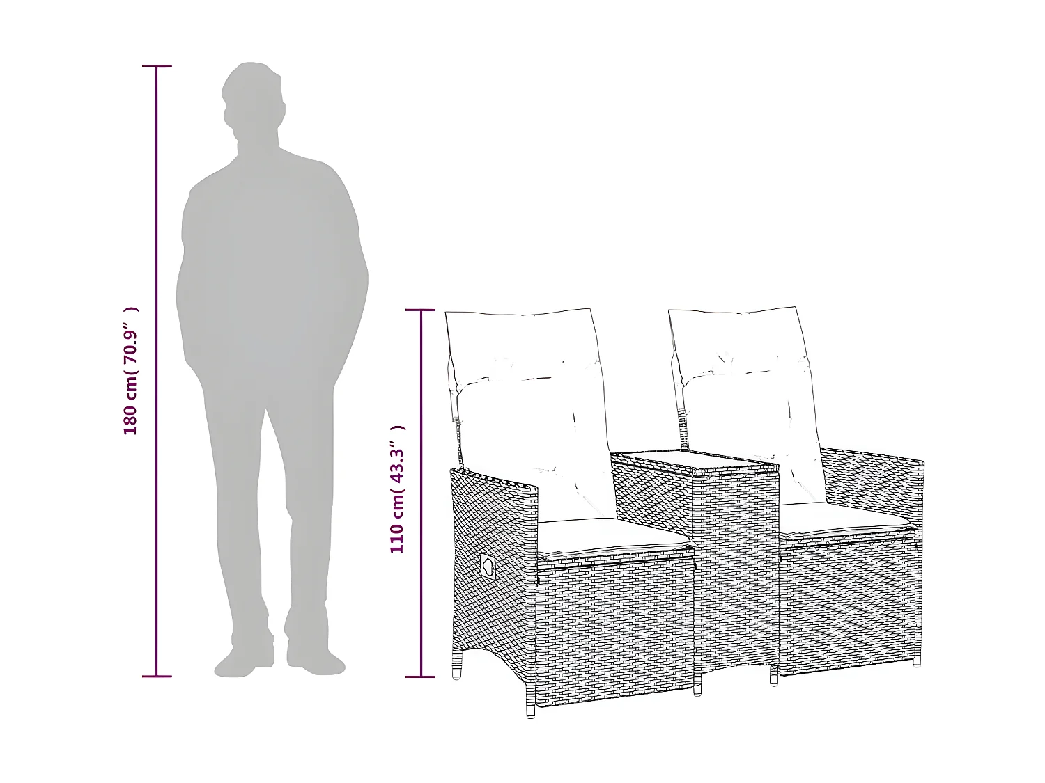 Canapé de jardin inclinable 2 places avec table marron rotin
