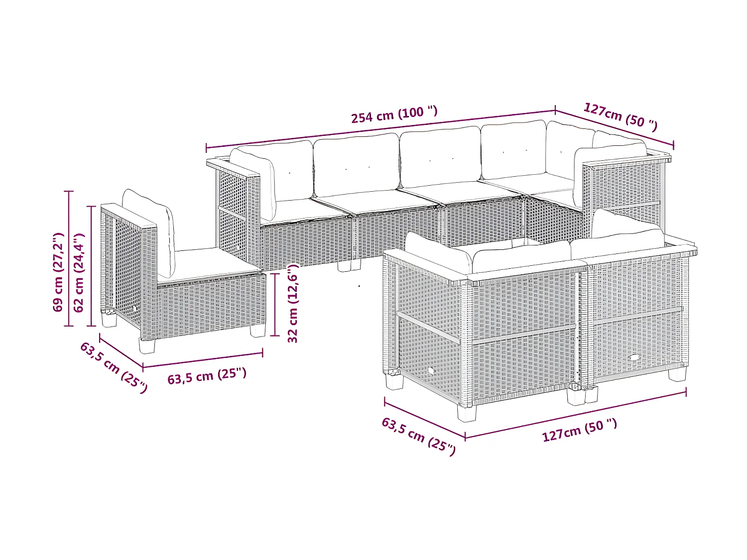 Salon de jardin 8 pcs avec coussins gris résine tressée