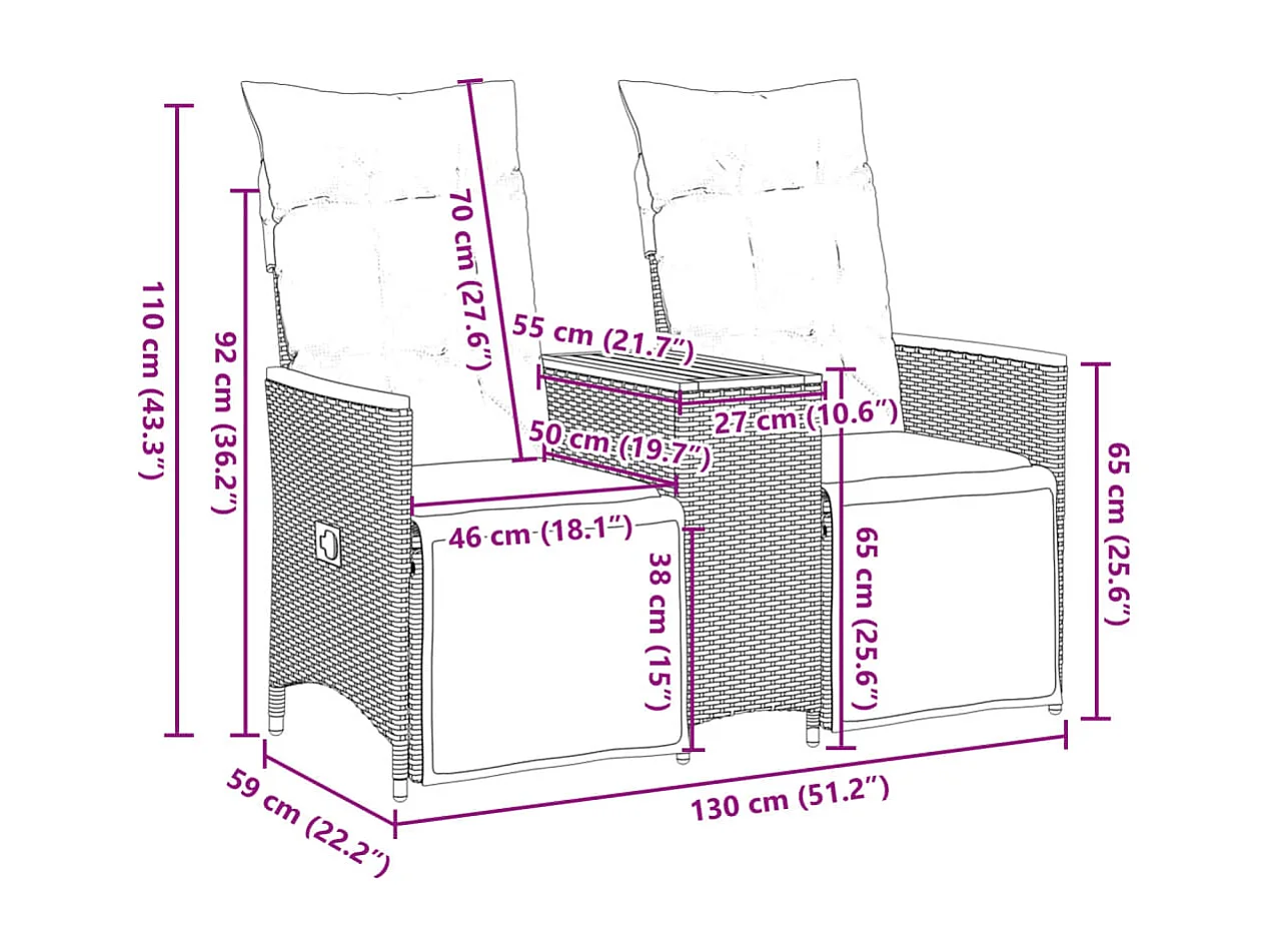 Canapé de jardin inclinable 2 places avec table noir poly rotin