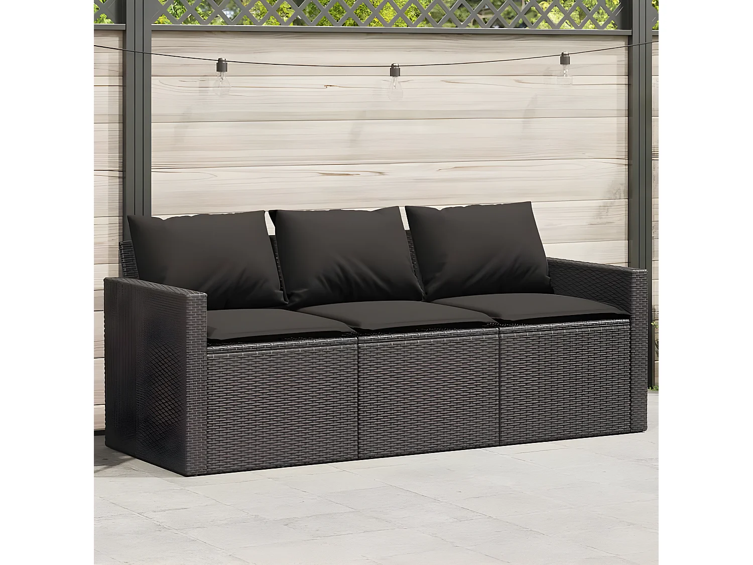 Canapé de jardin avec coussins 3 places noir résine tressée