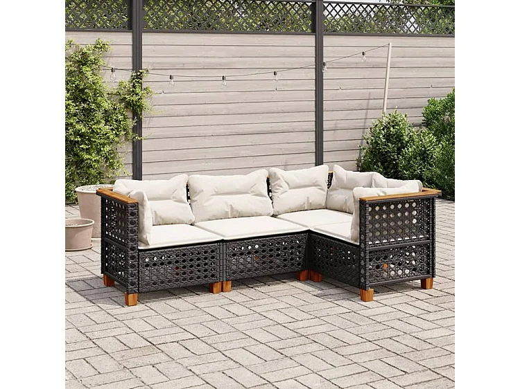 Salon de jardin 4 pcs avec coussins noir résine tressée