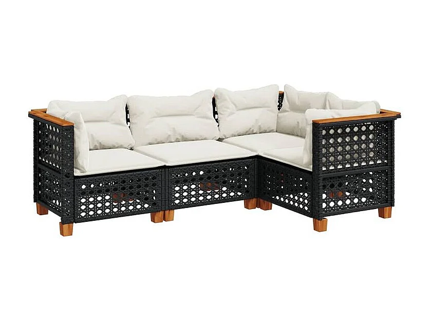 Salon de jardin 4 pcs avec coussins noir résine tressée