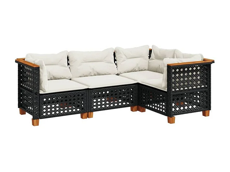 Salon de jardin 4 pcs avec coussins noir résine tressée