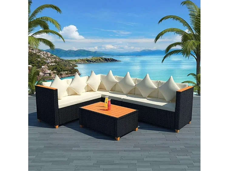 Salon de jardin 3 pièces résine tressée noir et coussins blanc Kimberly