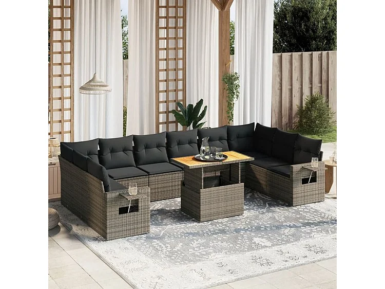 Salon de jardin 11 pcs avec coussins gris résine tressée