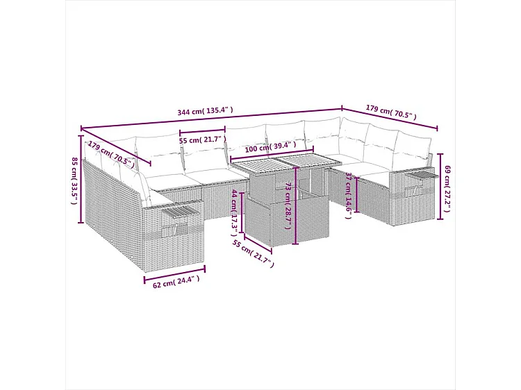 Salon de jardin 11 pcs avec coussins gris résine tressée