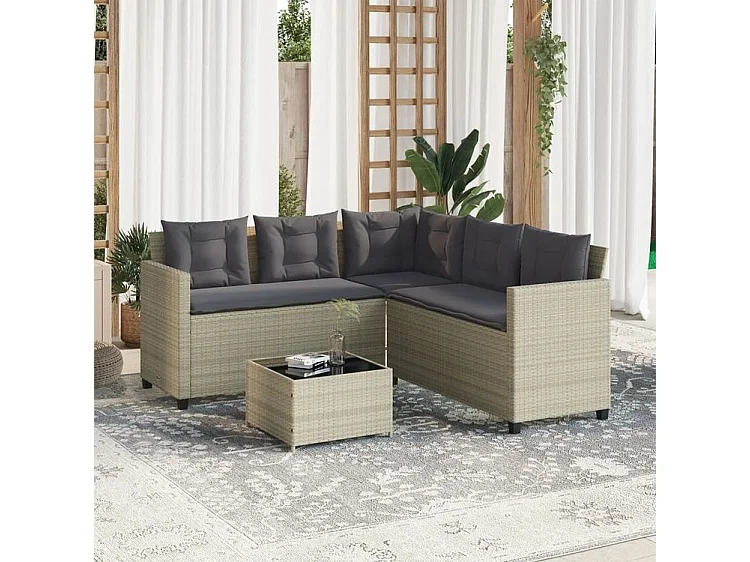 Canapé de jardin et table et coussins en forme de L gris clair