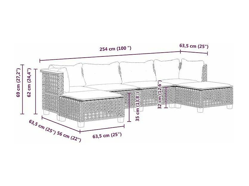 Salon de jardin 6 pcs avec coussins noir résine tressée