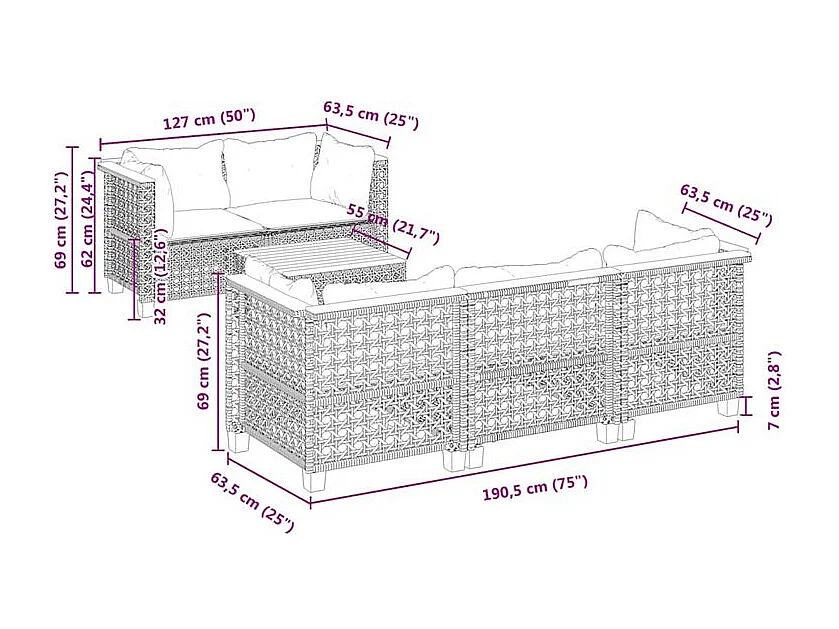 Salon de jardin 6 pcs avec coussins noir résine tressée
