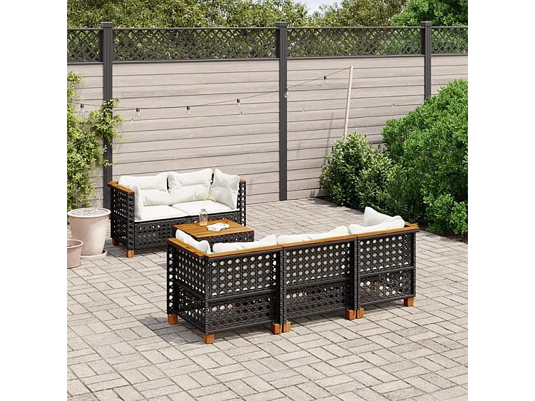 Salon de jardin 6 pcs avec coussins noir résine tressée