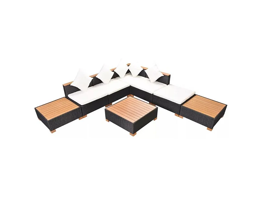 Salon de jardin 8 pièces résine tressée noir et coussins blanc Kimberly