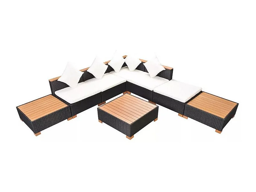 Salon de jardin 8 pièces résine tressée noir et coussins blanc Kimberly