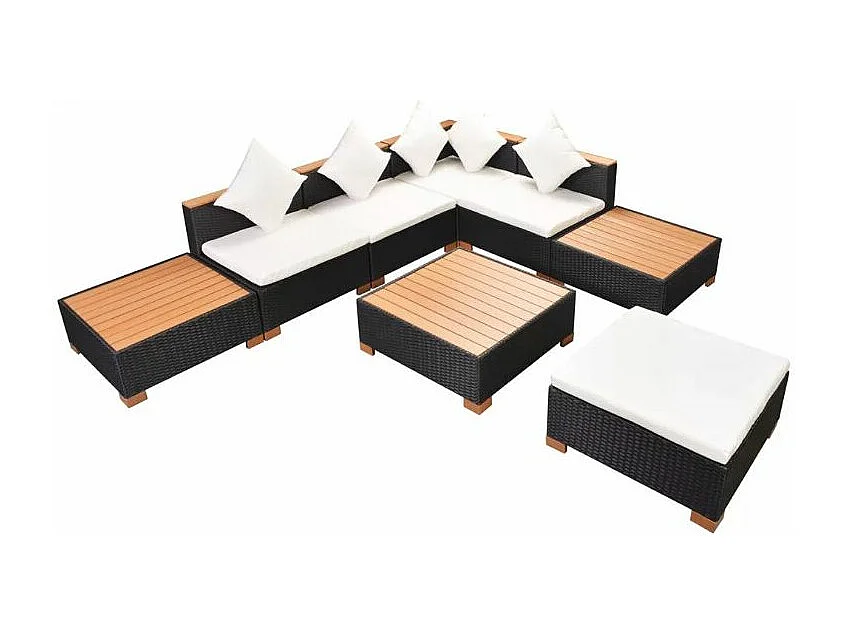 Salon de jardin 8 pièces résine tressée noir et coussins blanc Kimberly