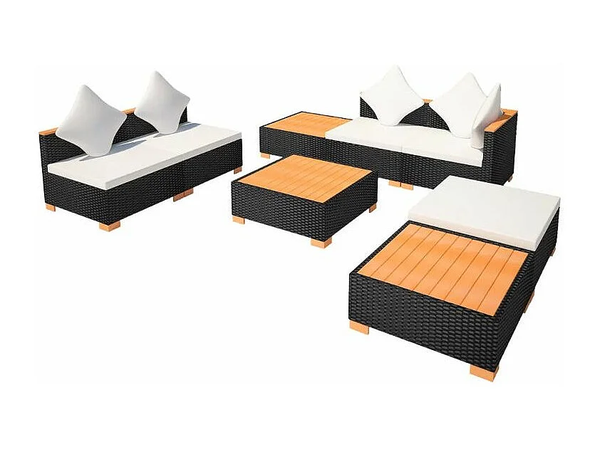 Salon de jardin 8 pièces résine tressée noir et coussins blanc Kimberly
