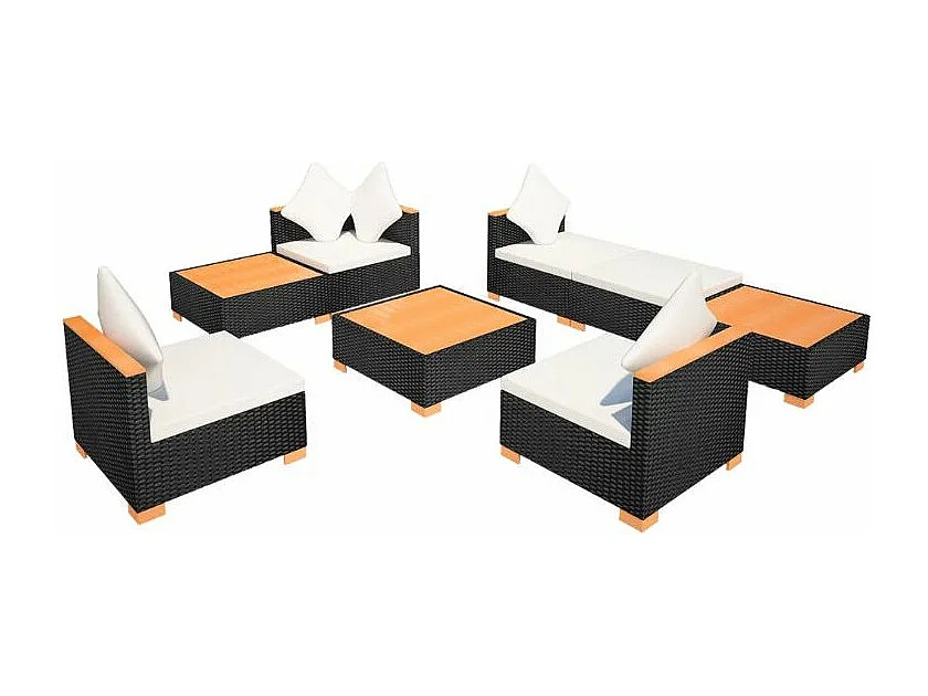 Salon de jardin 8 pièces résine tressée noir et coussins blanc Kimberly