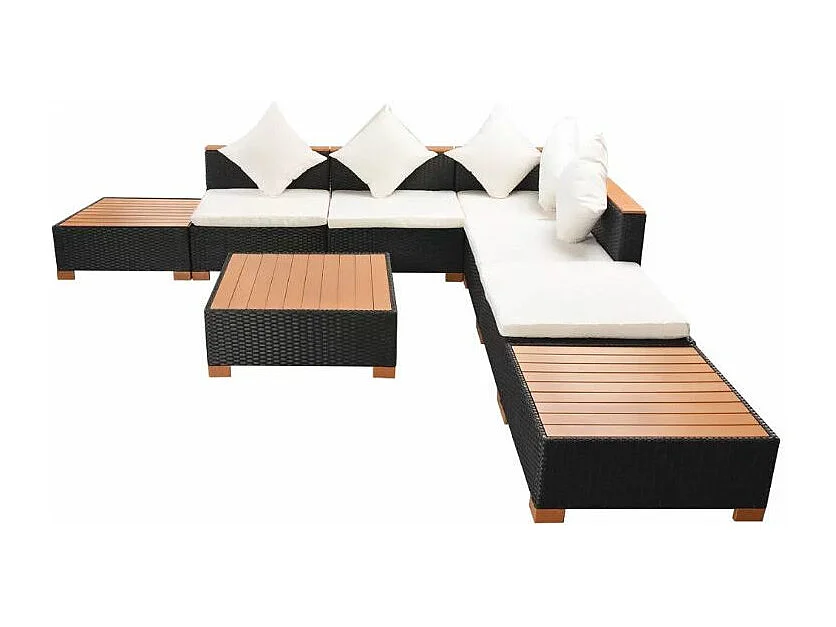 Salon de jardin 8 pièces résine tressée noir et coussins blanc Kimberly