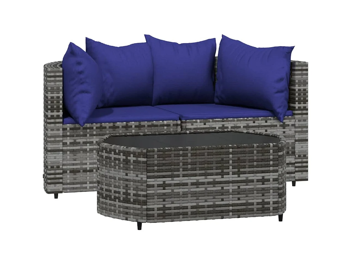 Salon de jardin 3 pcs avec coussins Gris Résine tressée