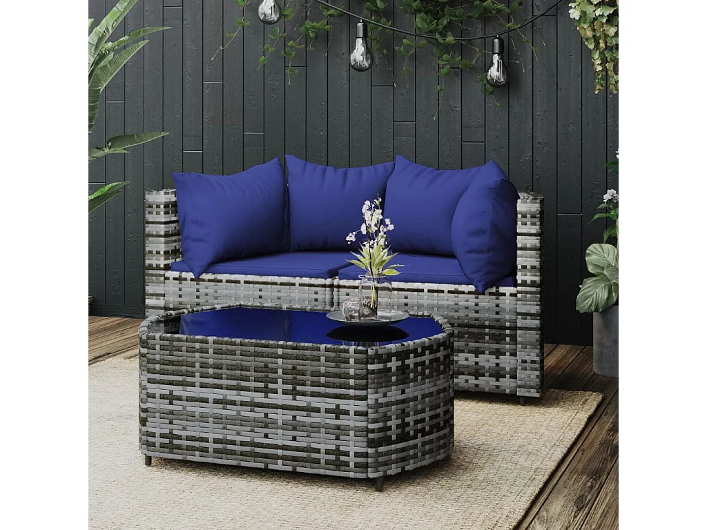 Salon de jardin 3 pcs avec coussins Gris Résine tressée