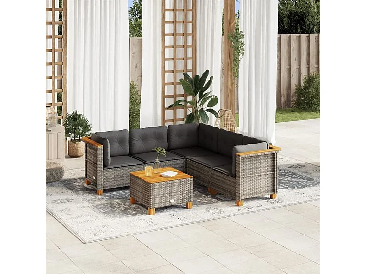 Salon de jardin 6 pcs avec coussins gris résine tressée