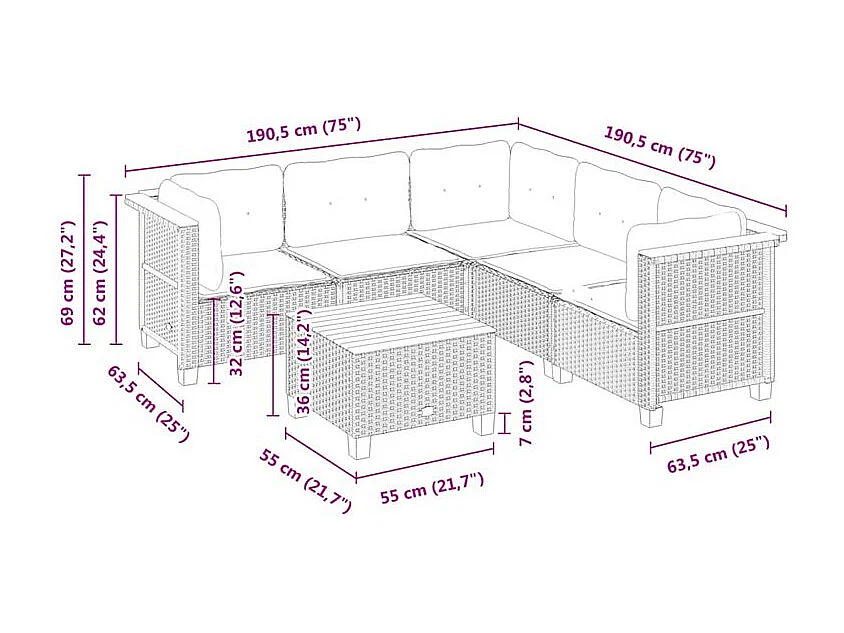 Salon de jardin 6 pcs avec coussins gris résine tressée