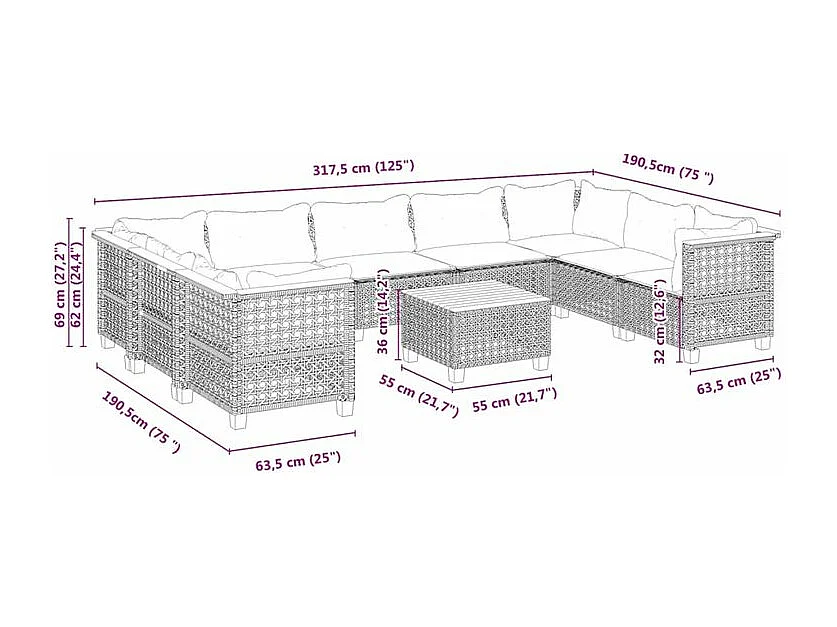 Salon de jardin 10 pcs avec coussins noir résine tressée