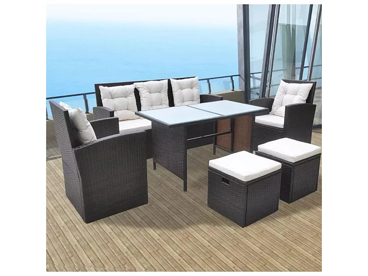 Salon de jardin 6 pièces résine tressée marron et coussins blanc Kim 2