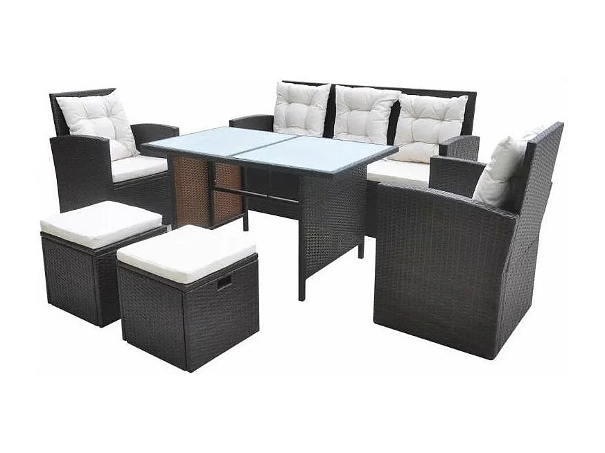 Salon de jardin 6 pièces résine tressée marron et coussins blanc Kim 2