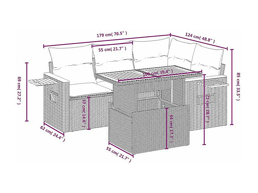 Salon de jardin 5 pcs avec coussins gris résine tressée