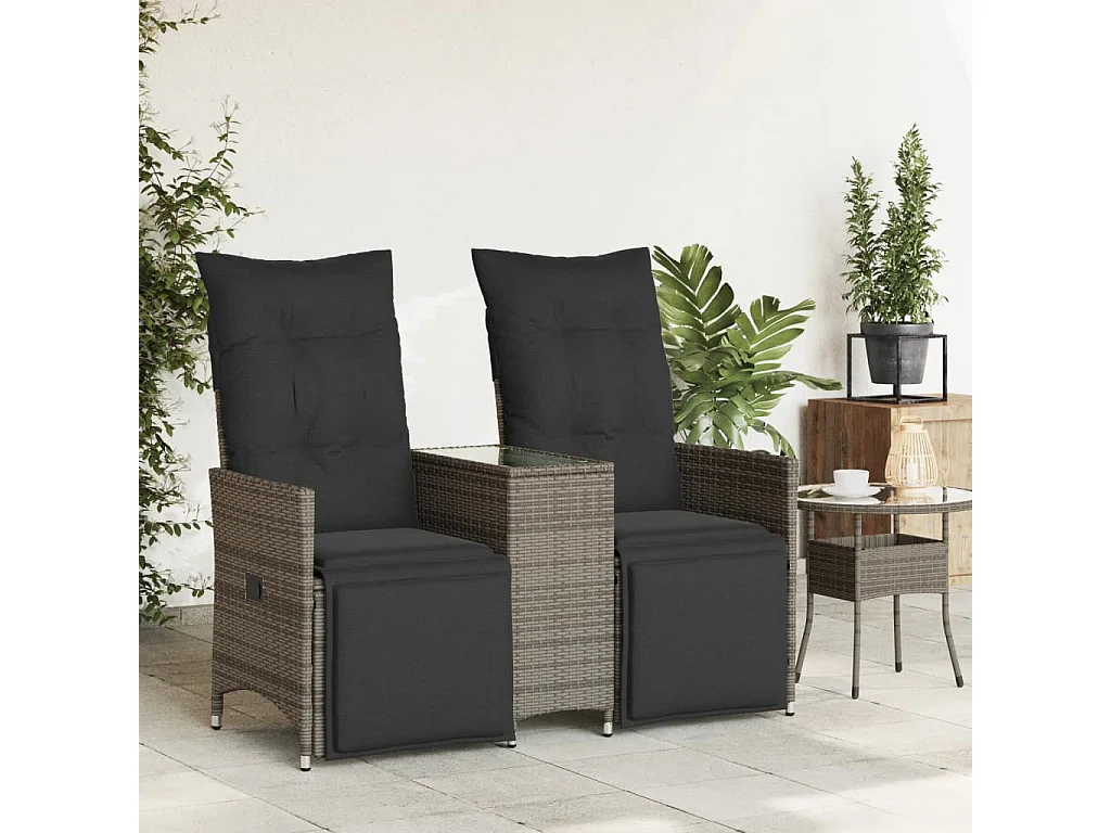 Canapé de jardin inclinable 2 places avec table gris poly rotin