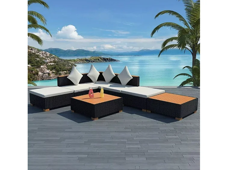 Salon de jardin 7 pièces résine tressée noir et coussins blanc Kimberly 3