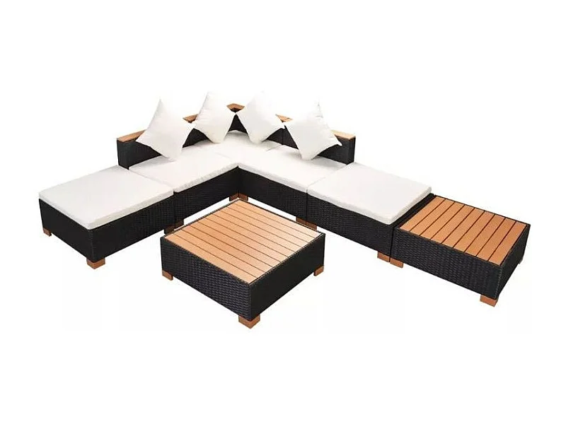 Salon de jardin 7 pièces résine tressée noir et coussins blanc Kimberly 3