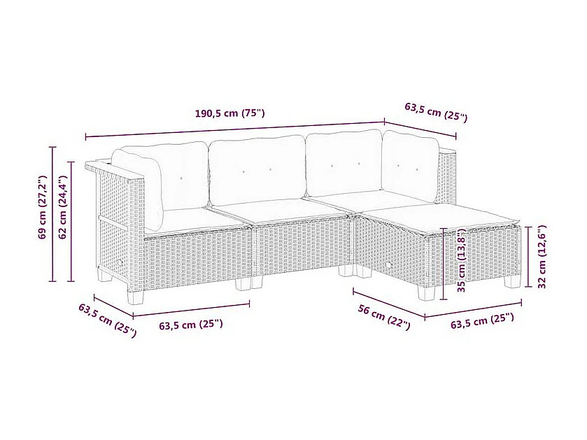Salon de jardin 4 pcs avec coussins gris résine tressée