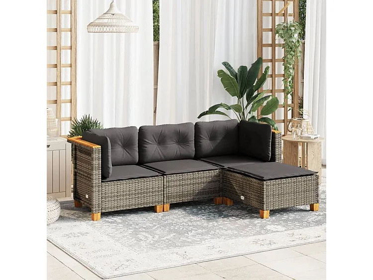 Salon de jardin 4 pcs avec coussins gris résine tressée